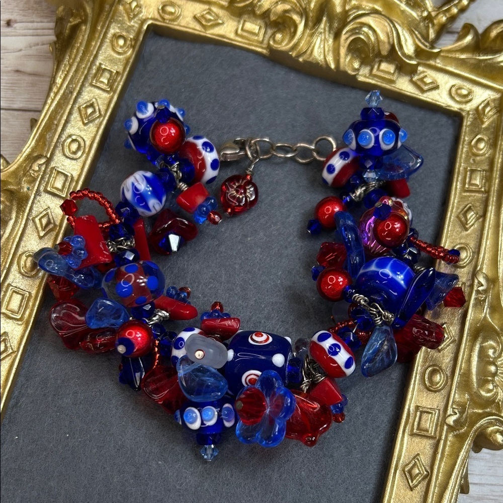 Chunky Red and Blue Lamp Glass and Millefiori 925 Sterling Bracelet